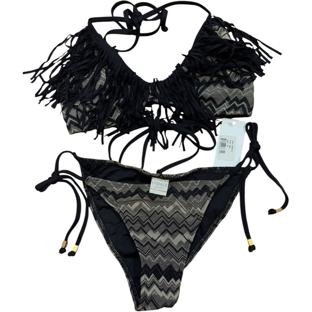 NWT LSpace Black Audrey Fringe Halter‎ Swimsuit String Bikini S/M
